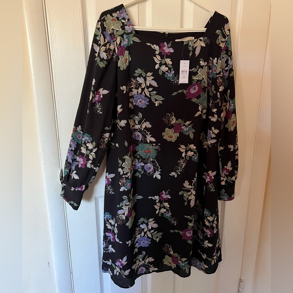 LOFT Long Sleeve Square Neck Black Midi Dress with Purple & Green Floral Print - Picture 1 of 6